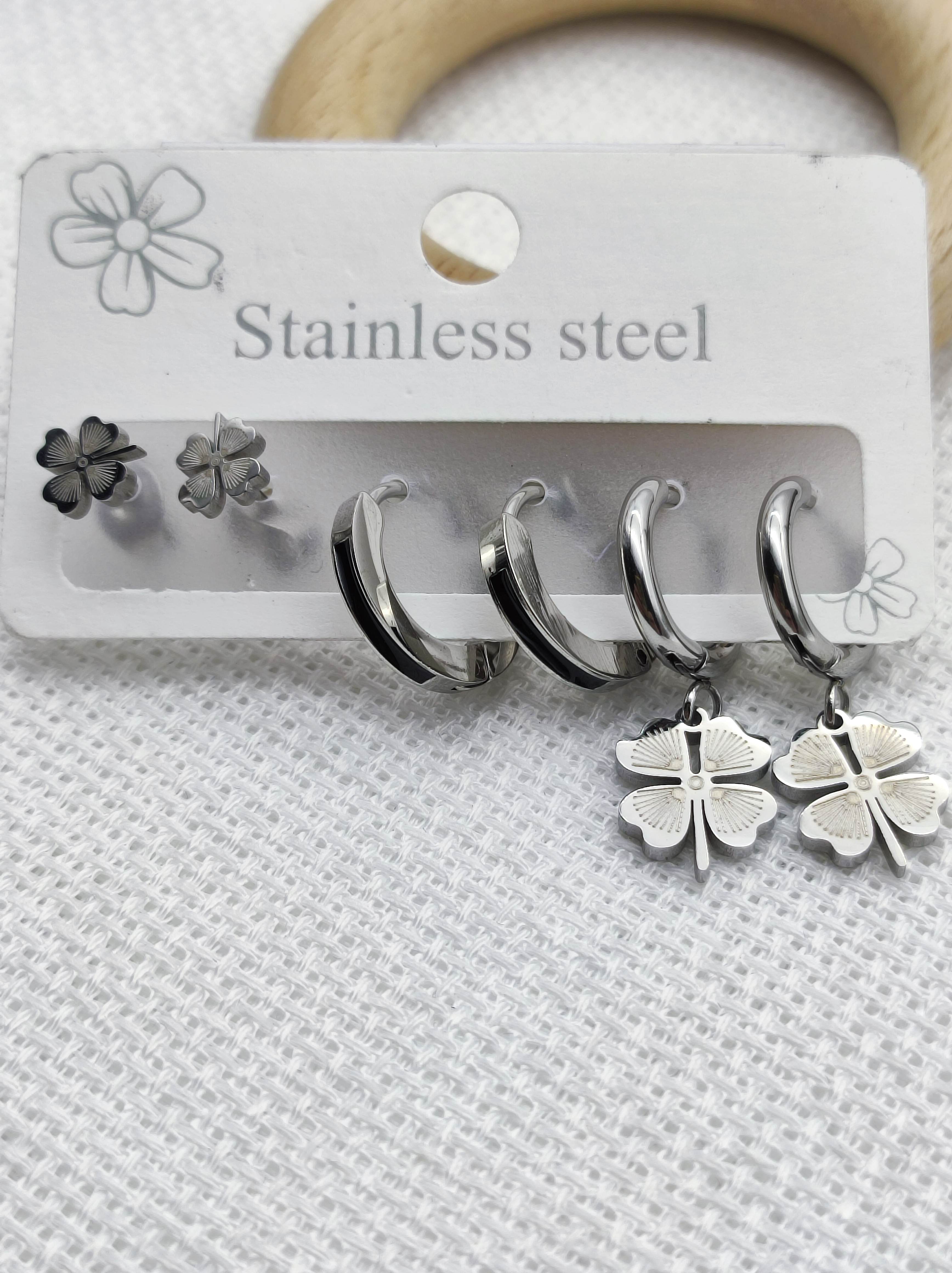 Stainless%20Steel%20Gümüş%20Yonca%20Çoklu%20Çelik%20Küpe