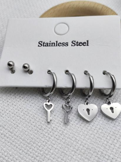 Stainless Steel GÜmüş Rengi Kilit Çoklu Çelik Küpe