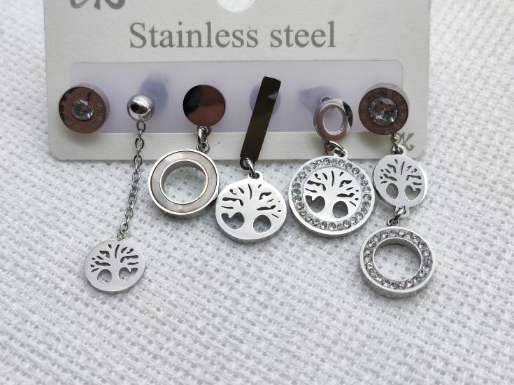 Stainless Steel  GÜmüş Rengi Hayat Ağacı Çoklu Çelik Küpe